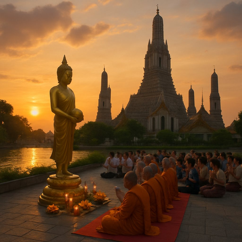 Budddha und Tempel am Sonnenuntergang