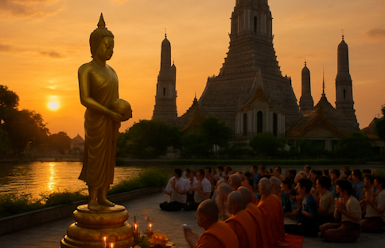 Große Buddha statur mit Menschen drum herum, die daneben sind