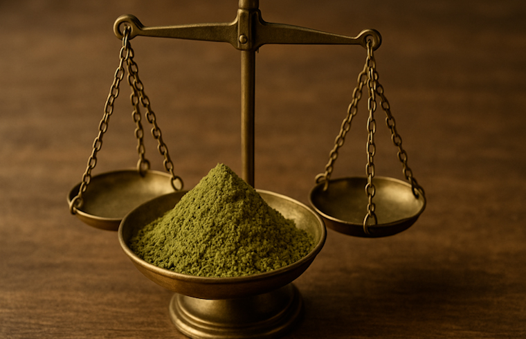 Eine juristsische Waage in der mitte ist Kratom zu sehen. Legales Kratom