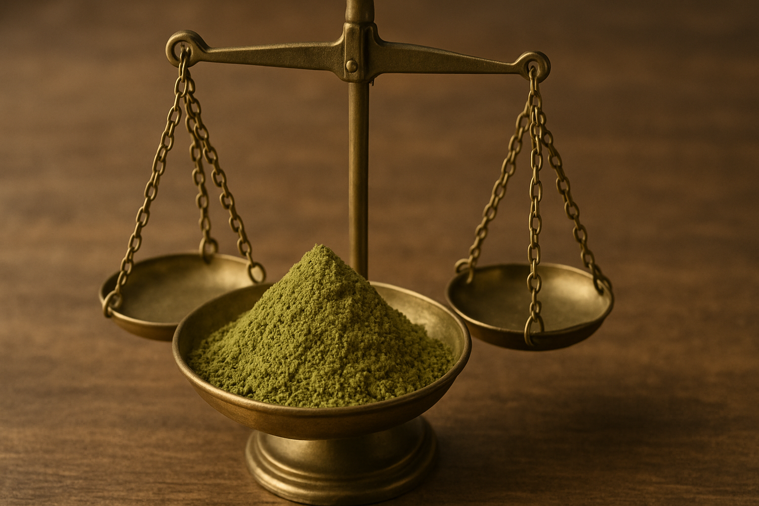 Juristische Waage mit grünem Kratom Pulver