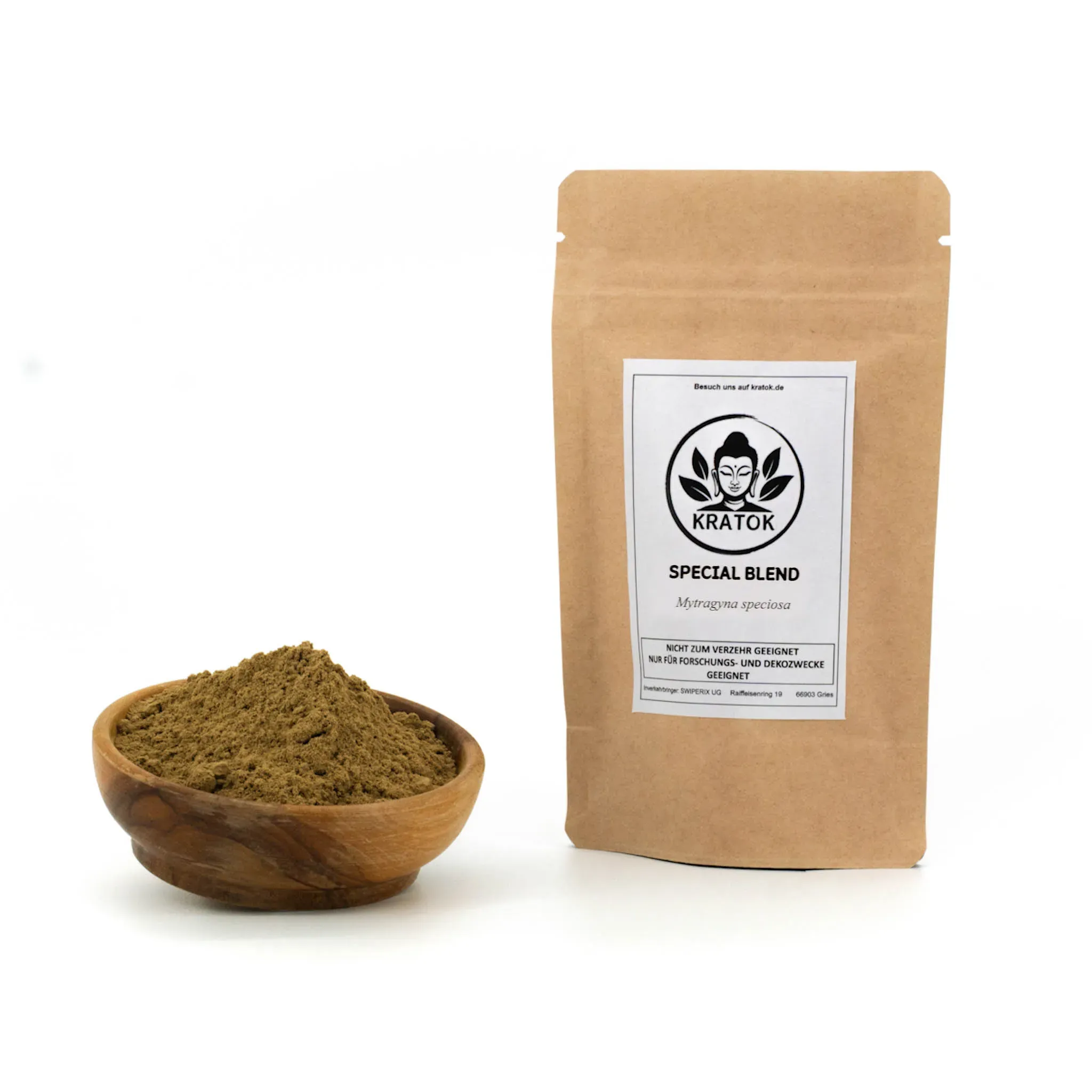 Hausmischung Kratom – Doypack mit Schälchen voller grünem Kratom-Pulver