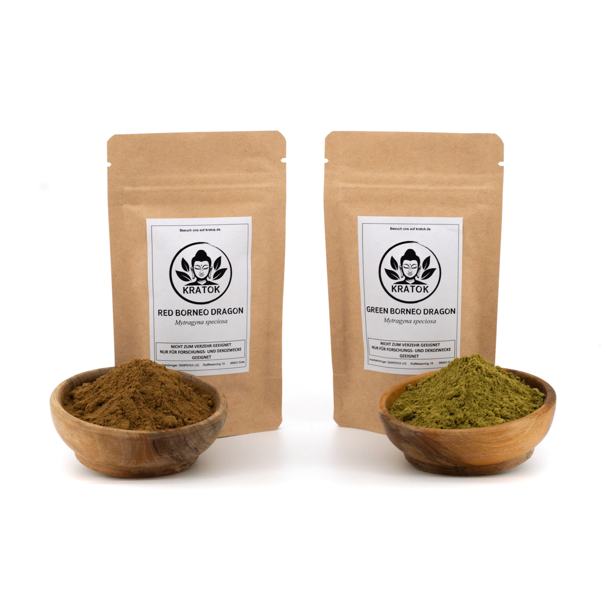 Preview: Red und Green Borneo Dragon Kratom – zwei Doypacks mit Schälchen voller grünem Pulver