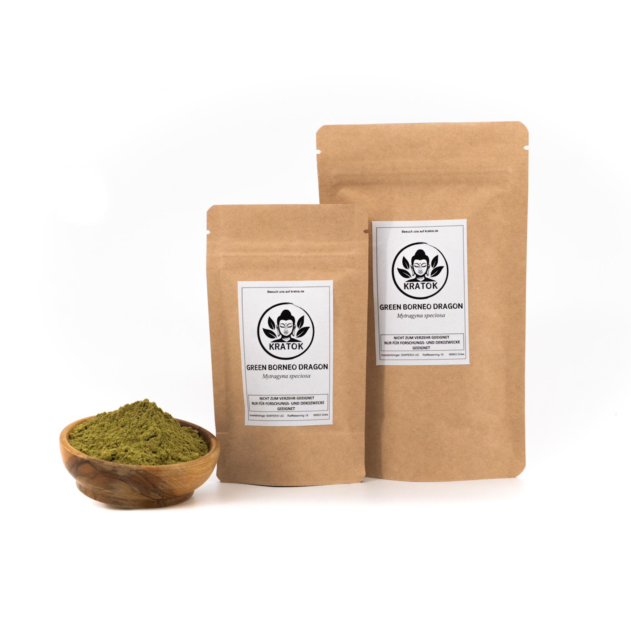 Green Borneo Dragon Kratom – Doypack 50g & 100g und Schälchen mit frischem grünem Kratom-Pulver