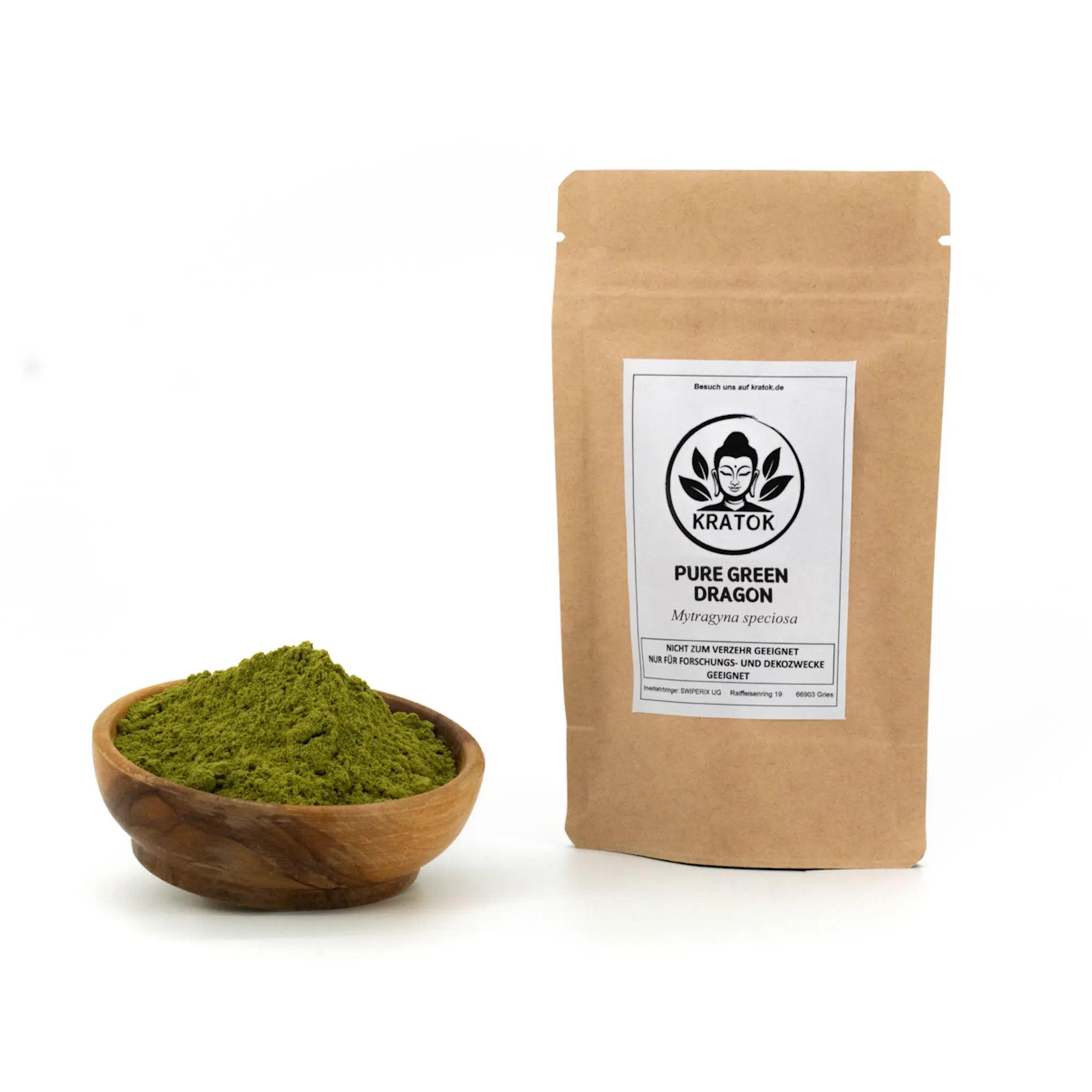 Pure Green Dragon Kratom – Verpackungen 25g und Schälchen mit grünem Pulver