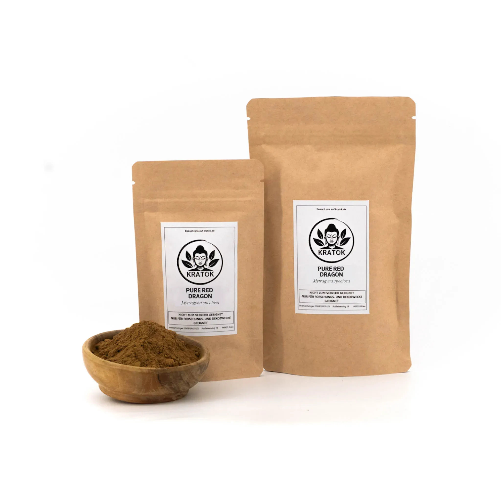 Pure Red Kratom – Verpackungen 50g & 100g und Schälchen mit rotem Pulver