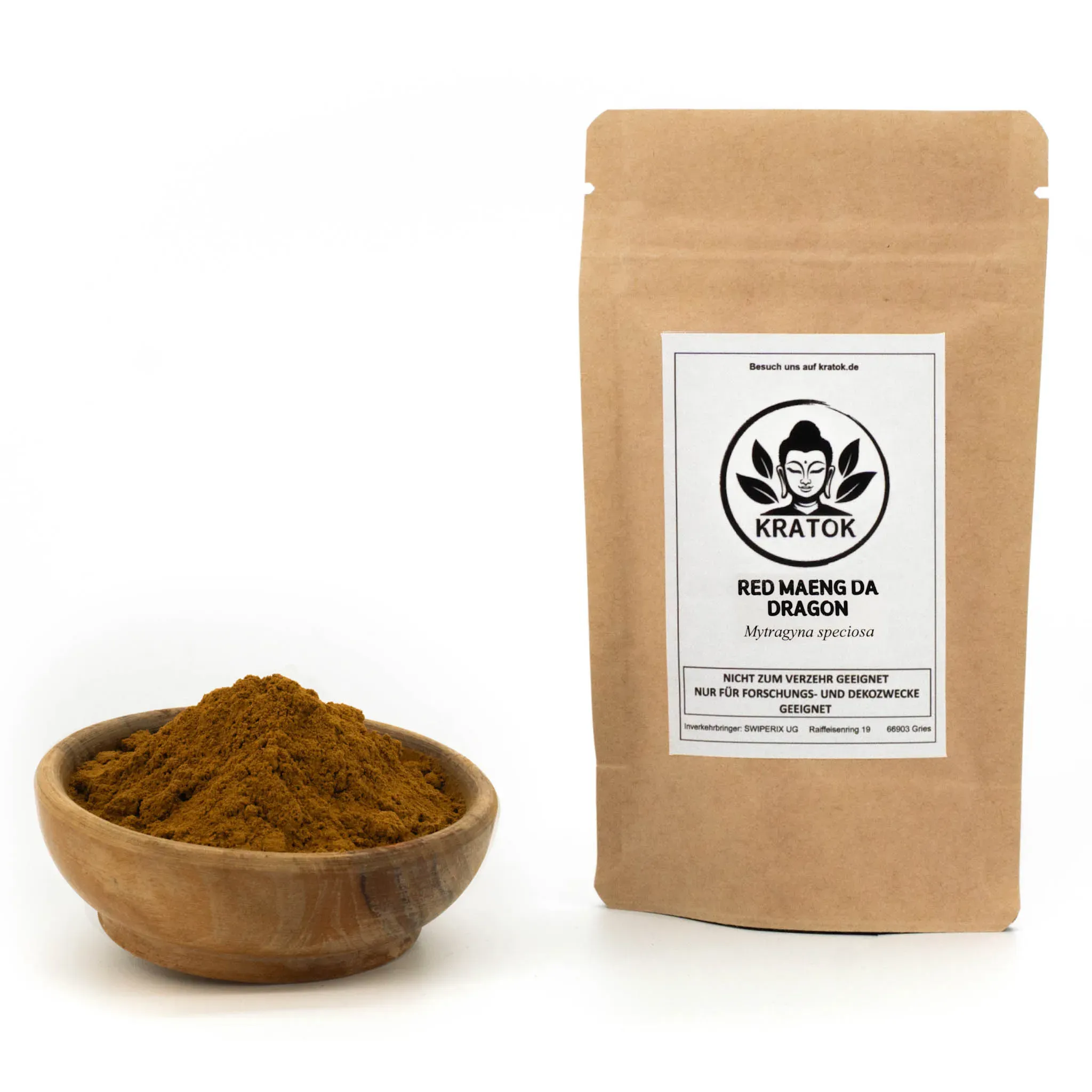 Red Maeng Da Dragon Kratom – Verpackungen 50g & 100g und Schälchen mit rotem Pulver