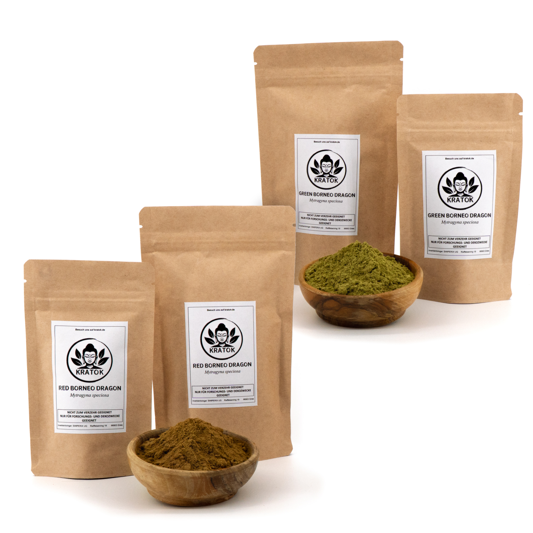 Red und Green Borneo Dragon Kratom – zwei Doypacks mit Schälchen voller grünem Kratom-Pulver