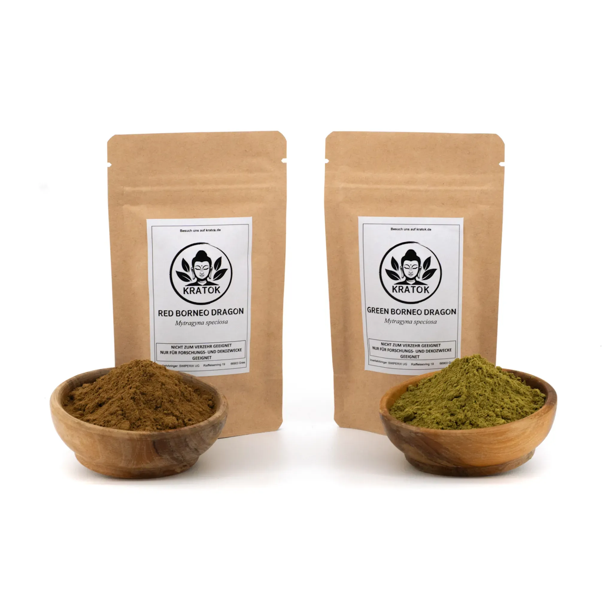 Red und Green Borneo Dragon Kratom – zwei Doypacks mit Schälchen voller grünem Pulver