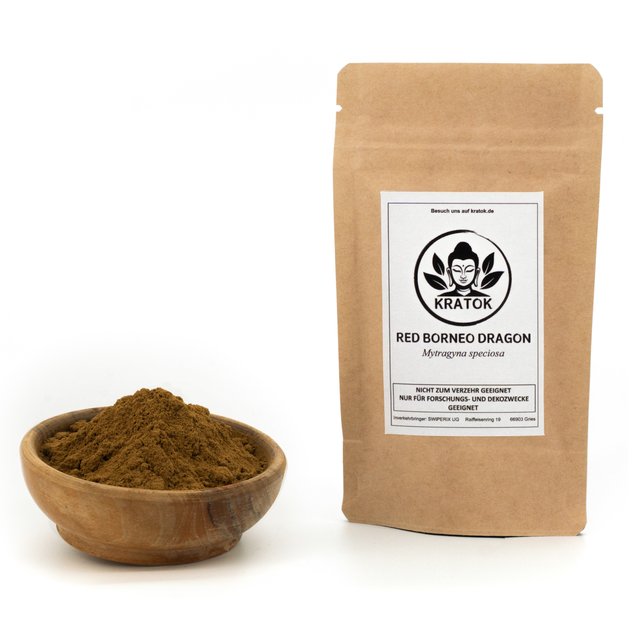 Red Borneo Dragon Kratom – 50g Doypack neben Schälchen mit rotem Kratom-Pulver