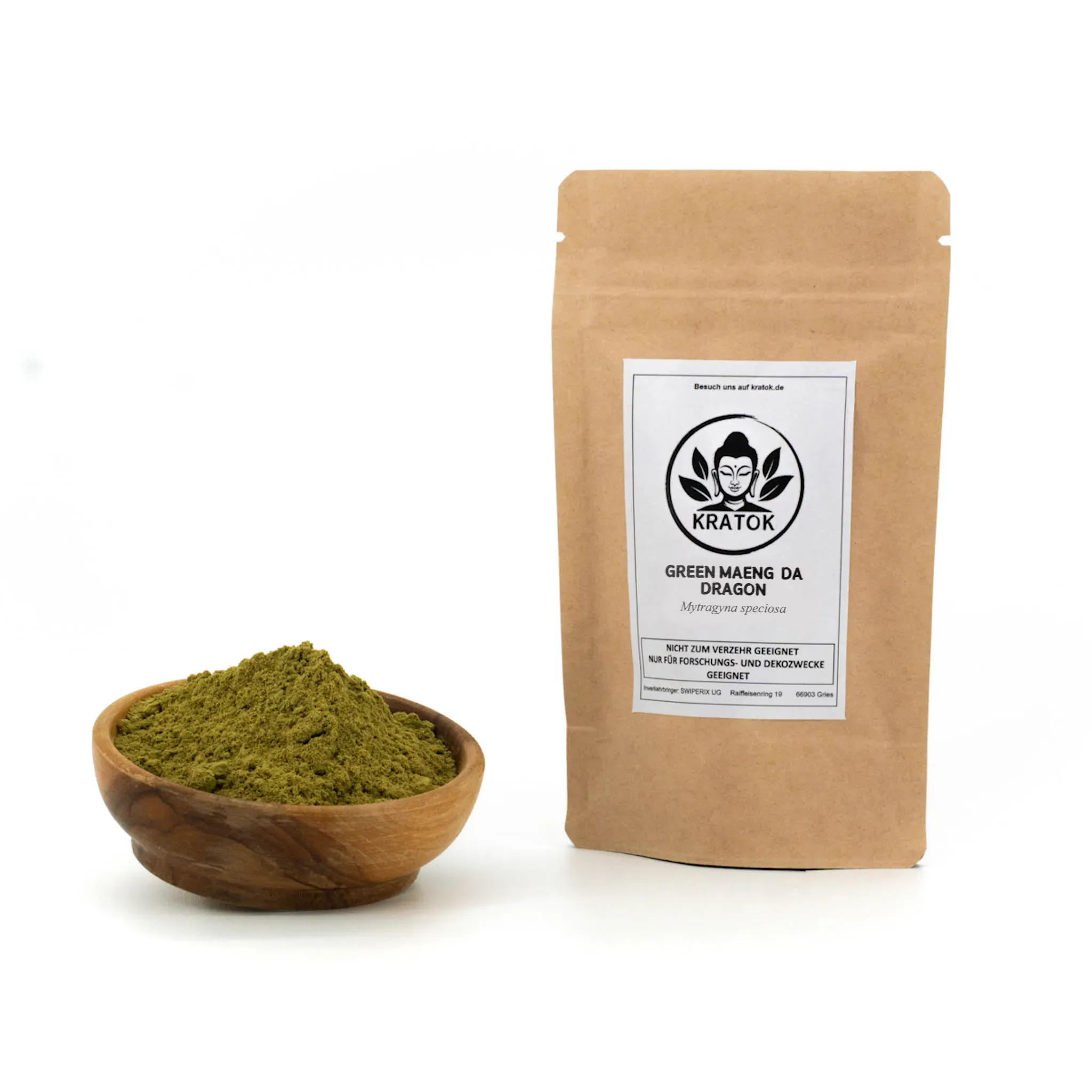 Green Maeng Da Dragon Kratom – Doypack 50g & 100g und Schälchen mit frischem grünem Kratom-Pulver