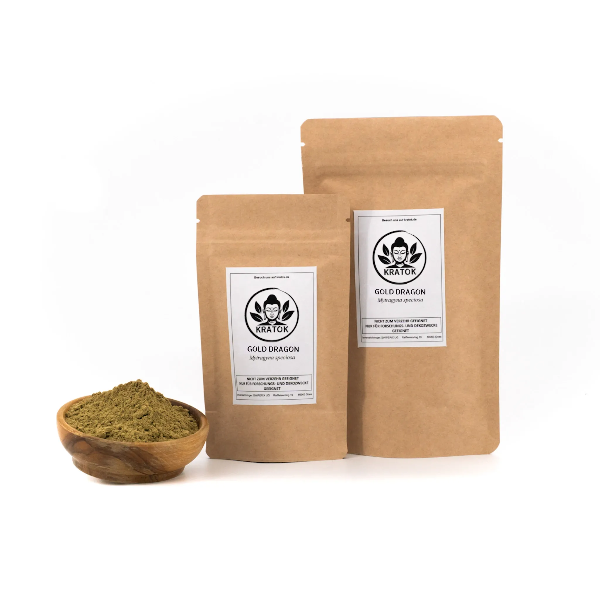 Gold Dragon Kratom – Verpackungen 50g & 100g und Schälchen mit rotem Pulver