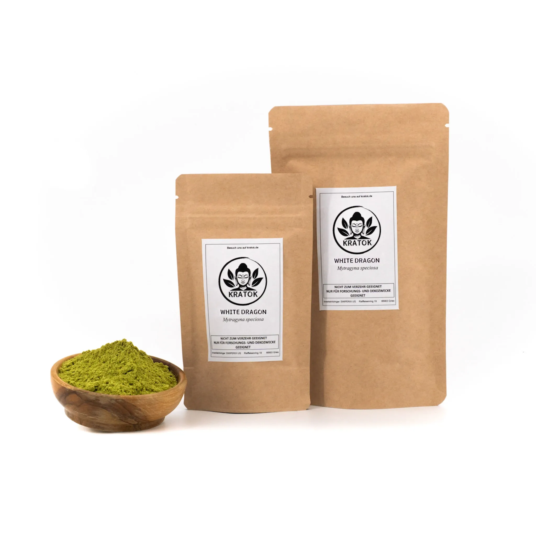White Dragon Kratom – Verpackungen 50g & 100g und Schälchen mit rotem Pulver